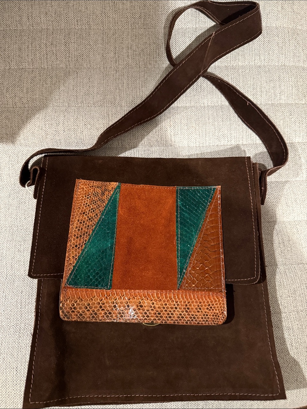 Brown Suede Crossbody Bag with Tan & Teal Accent Flap